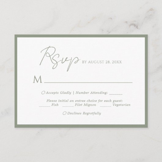 Menu Script Minimal Choix Sage Vert Mariage Rsvp (Devant)