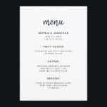 Menu Script minimaliste moderne blanc et marine | MARIA<br><div class="desc">Cette carte de menu élégante et minimaliste mariage est dotée d'une typographie de script moderne bleu marine foncé et d'un texte sans serif sur blanc propre pour un design simple et élégant que vous aimerez.</div>