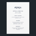 Menu Script minimaliste moderne blanc et marine | MARIA<br><div class="desc">Cette carte de menu élégante et minimaliste mariage est dotée d'une typographie de script moderne bleu marine foncé et d'un texte sans serif sur blanc propre pour un design simple et élégant que vous aimerez.</div>