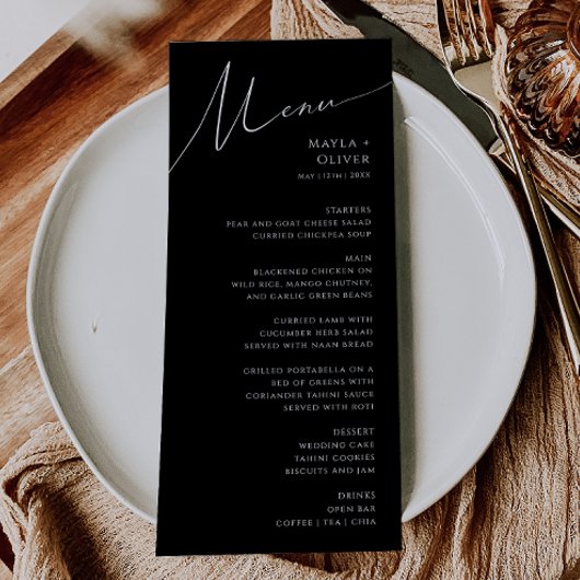 Menu Script minimaliste Whimsical | Mariage noir
