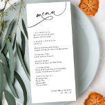 Menu Script moderne élégant Mariage noir et blanc<br><div class="desc">Conçue pour coordonner avec notre collection de mariages de script romantique,  cette carte Menu personnalisable,  dispose d'un texte de calligraphie de script balayé avec une police serif classe en noir avec un monogramme personnalisable sur le dos. Éléments correspondants disponibles.</div>