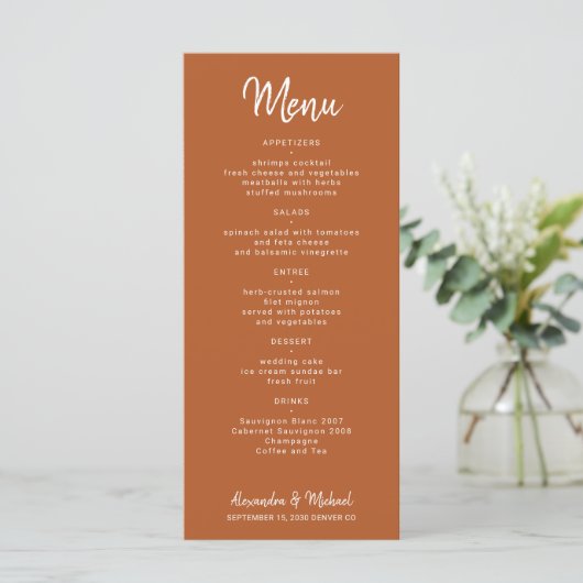 Menu Script moderne simple mariage en terre cuite (Debout devant)