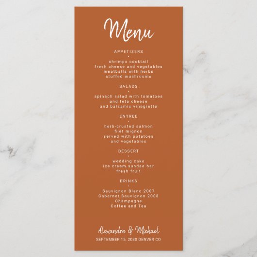 Menu Script moderne simple mariage en terre cuite (Devant)