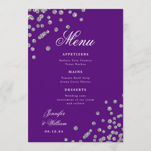 Menu Script romantique Mariage Confetti Argent violet (Devant)