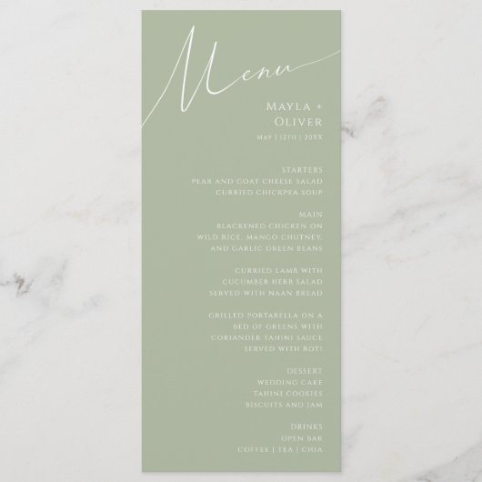 Menu Script Whimsical | Sage Green Dîner Mariage (Devant)