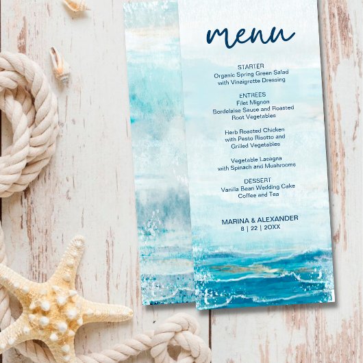 Menu Sea Blue Beach Waves Watercolor Mariage côtier
