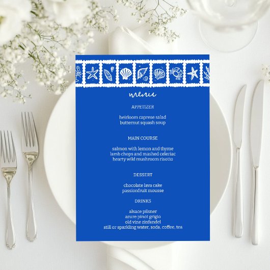 Menu Seashell Grid Plage Mariage Bleu Blanc CUSTOM