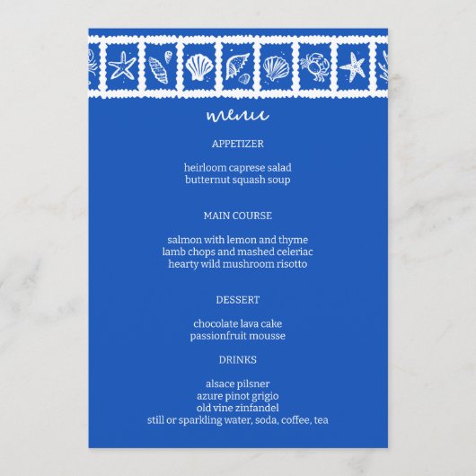 Menu Seashell Grid Plage Mariage Bleu Blanc CUSTOM (Devant)