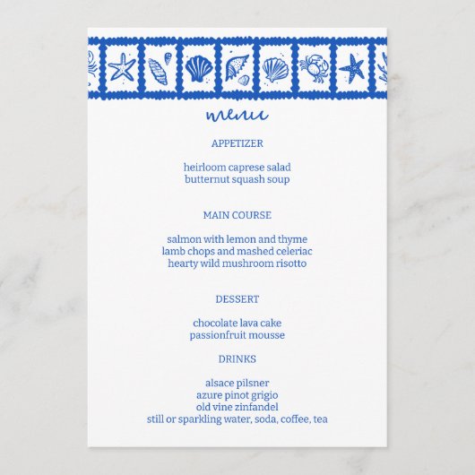Menu Seashell Grid Plage Mariage Bleu Blanc CUSTOM (Devant)