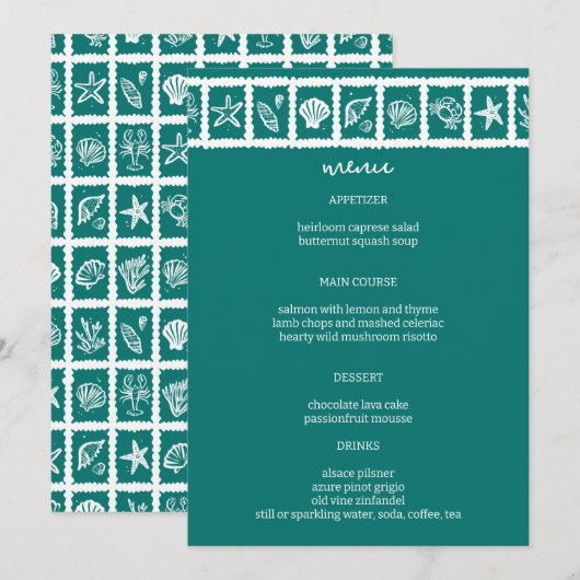 Menu Seashell Grid Plage Mariage Vert Blanc CUSTOM (Devant / Derrière)