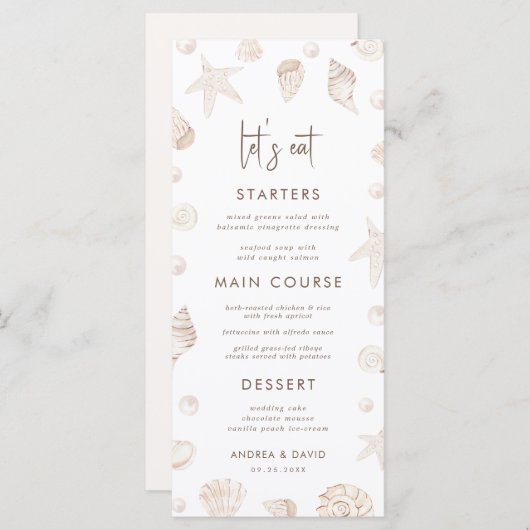 Menu Seashells & Pearls Coastal Beach Seafront Wedding  (Devant / Derrière)