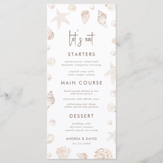 Menu Seashells & Pearls Coastal Beach Seafront Wedding  (Devant)