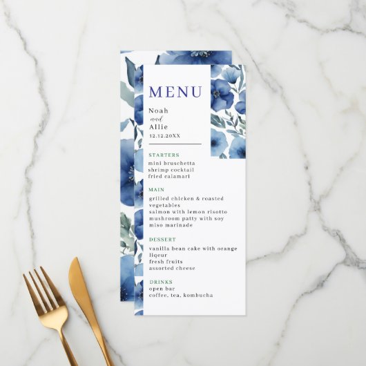 Menu Sérénité dans le Mariage de fleurs d'aquarelle ble (Devant/Arrière en situation)