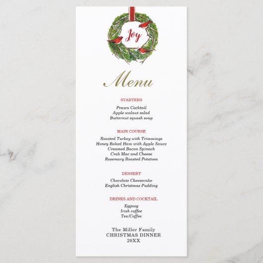 Menu Serre avec arc et cardinaux Dîner de Noël (Devant)