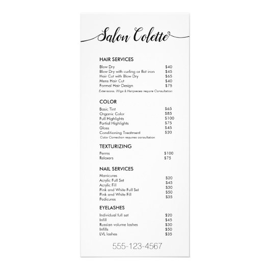 Menu Service Salon de calligraphie blanche simple (Devant)