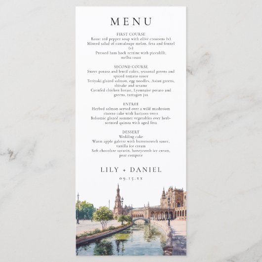 Menu Seville Spain Watercolor Elegant Wedding (Devant)