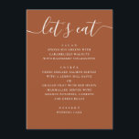 Menu Sienna Fall Wedding | Terracotta Reception Dinner<br><div class="desc">Present your wedding menu in a clean and elegant way with this modern menu card. The layout is designed to keep each course easy to read, from starters to dessert, while still feeling cohesive with your overall table setting. The vertical structure works well for multi-course dinners and helps guests quickly...</div>