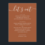 Menu Sienna Fall Wedding | Terracotta Reception Dinner<br><div class="desc">Present your wedding menu in a clean and elegant way with this modern menu card. The layout is designed to keep each course easy to read, from starters to dessert, while still feeling cohesive with your overall table setting. The vertical structure works well for multi-course dinners and helps guests quickly...</div>