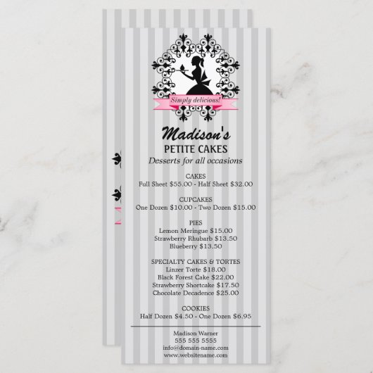 Menu Silhouette Lady Cupcake rose et argent (Devant / Derrière)