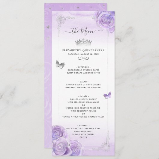Menu Silver Clair violet Roses Élégant Floral (Devant / Derrière)