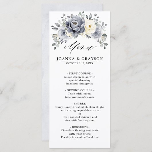 Menu Silver Grey Ivory Floral hiver Rustique Mariage (Devant / Derrière)