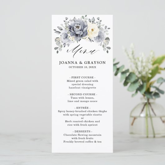 Menu Silver Grey Ivory Floral hiver Rustique Mariage (Debout devant)