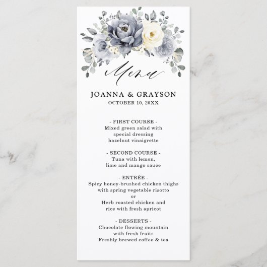 Menu Silver Grey Ivory Floral hiver Rustique Mariage (Devant)