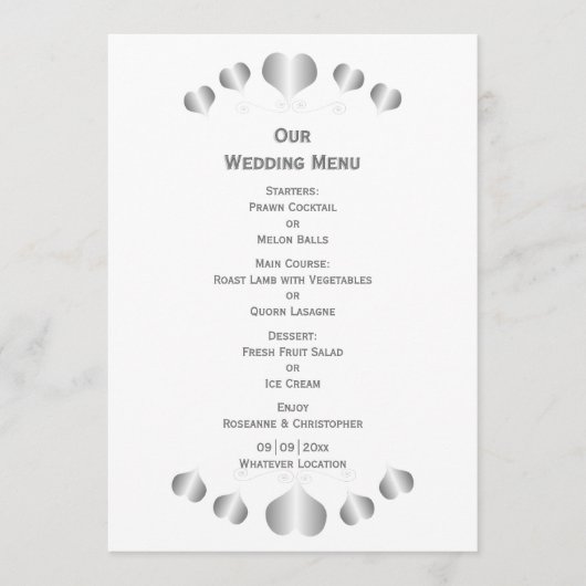 Menu Silver Hearts Design Wedding (Devant)