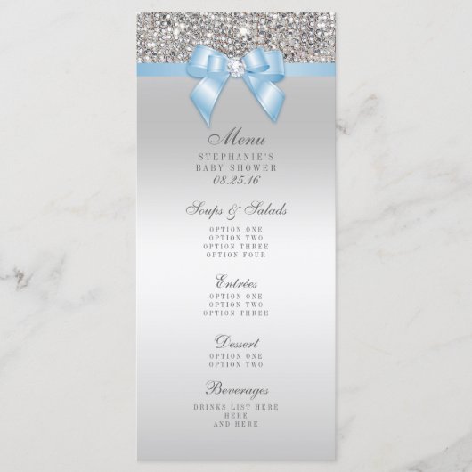 Menu Silver Sequin Baby Blue Bow Baby shower (Voorkant)