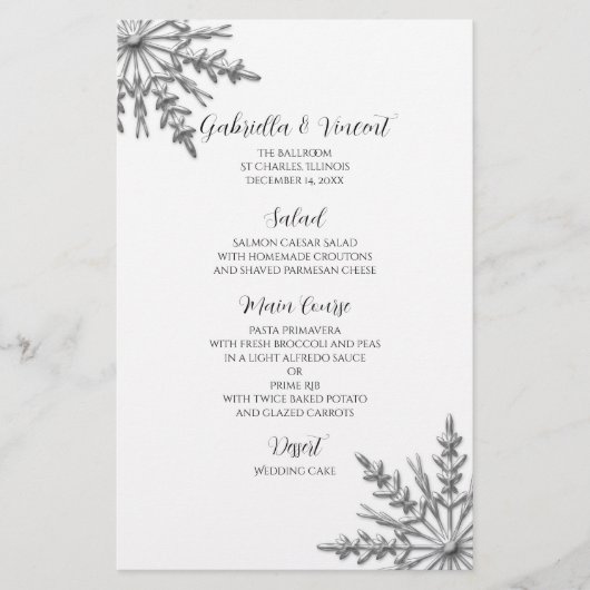 Menu Silver Tone Snowflake Winter Weddenschap (Voorkant)