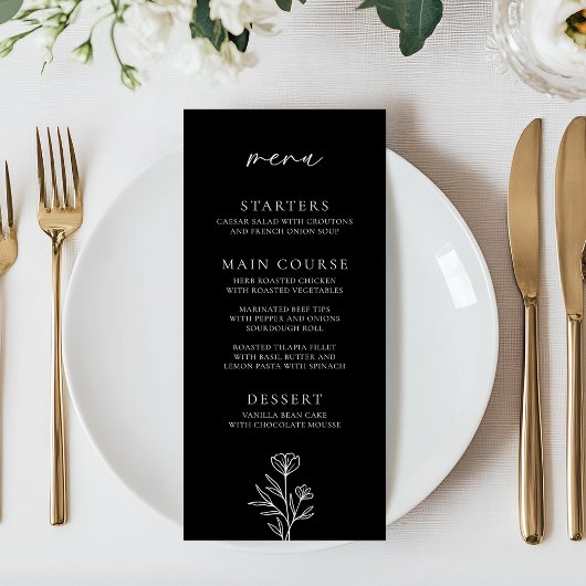 Menu Simple Black Modern Floral Outline Mariage