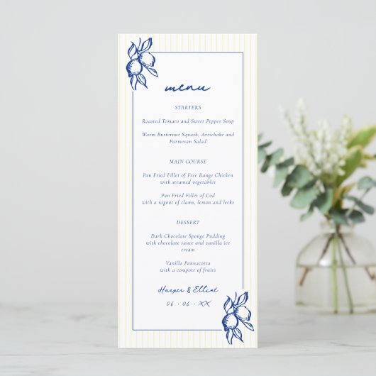 Menu Simple Blue & Yellow Doodle Lemons Wedding (Debout devant)