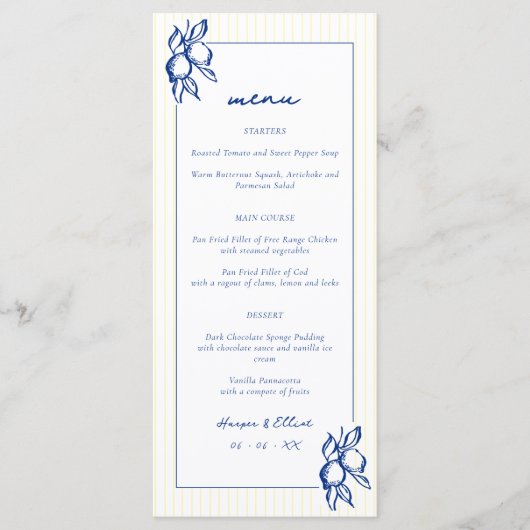 Menu Simple Blue & Yellow Lemons Wedding (Devant)