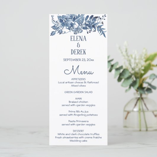 Menu Simple Classique Bleu, Blanc Floral Mariage (Debout devant)
