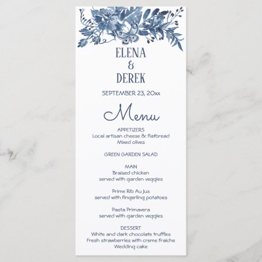 Menu Simple Classique Bleu, Blanc Floral Mariage (Devant)