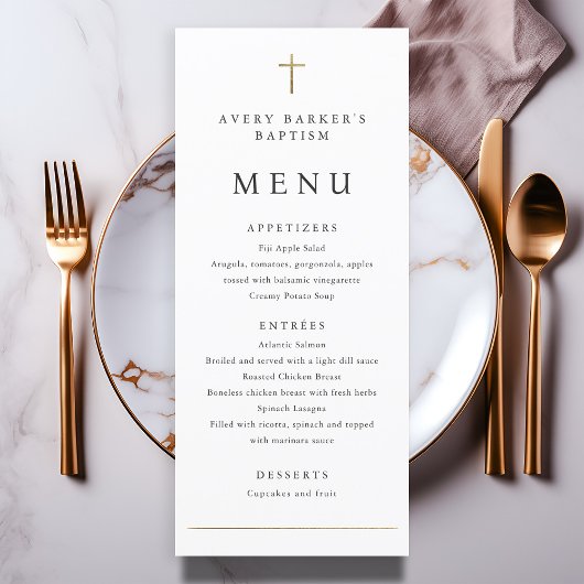 Menu simple de baptême avec croix dorée minimalist