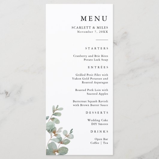 Menu Simple de Mariage au Eucalyptus (Devant)