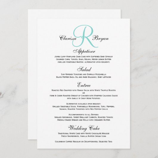 Menu simple de mariage avec l'initiale bleue #2 de (Devant / Derrière)