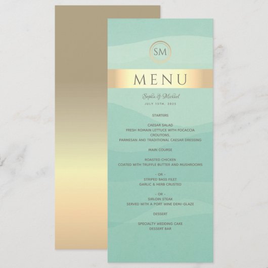 Menu simple de mariage vert et or (Devant / Derrière)