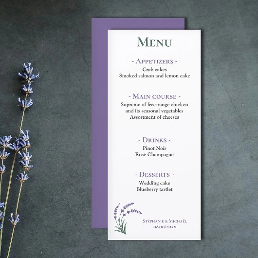Menu simple de réception de mariage au lavande