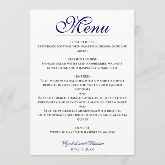 Menu Simple Elegance Marine Blue & White Mariage (Devant)