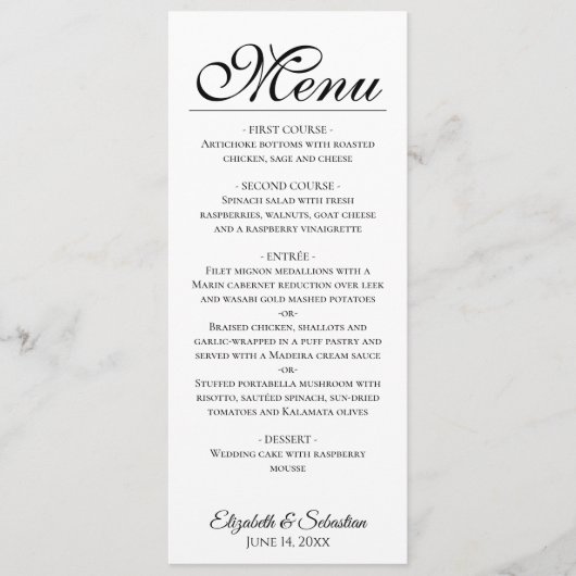 Menu Simple Elegance noir Script sur Mariage blanc (Devant)