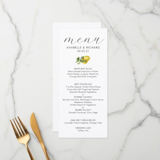 Menu Simple Elegant Aquarelle Citron Citrus Mariage (Devant/Arrière en situation)