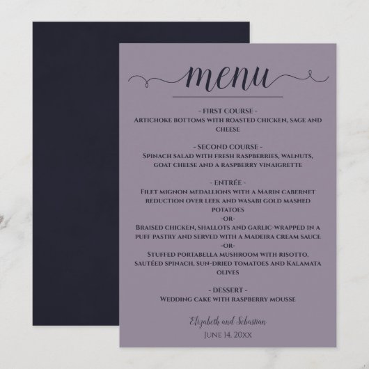 Menu Simple Elegant bleu marine sur Dusty Lavender Mari (Devant / Derrière)