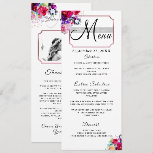 Menu Simple Elégant Bourgogne Floral Script Moderne Mer (Devant / Derrière)