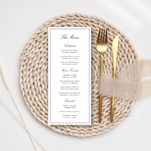 Menu Simple Élégant Formel Mariage Blanc & Noir