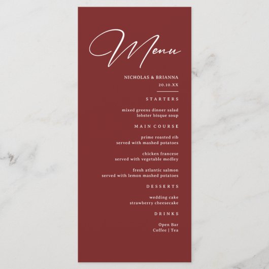 Menu Simple Élégant Mariage Bordeaux (Devant)