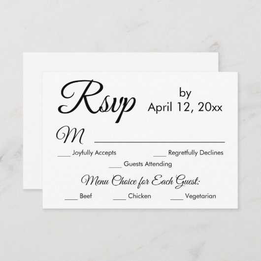 Menu Simple Élégant Script Choix Mariage RSVP (Devant / Derrière)