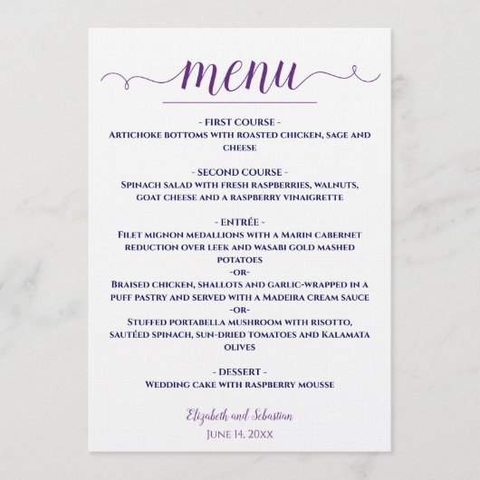 Menu Simple Elegant violet & bleu marine sur Mariage bl (Devant)