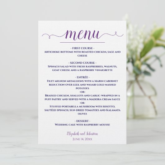 Menu Simple Elegant violet & bleu marine sur Mariage bl (Debout devant)